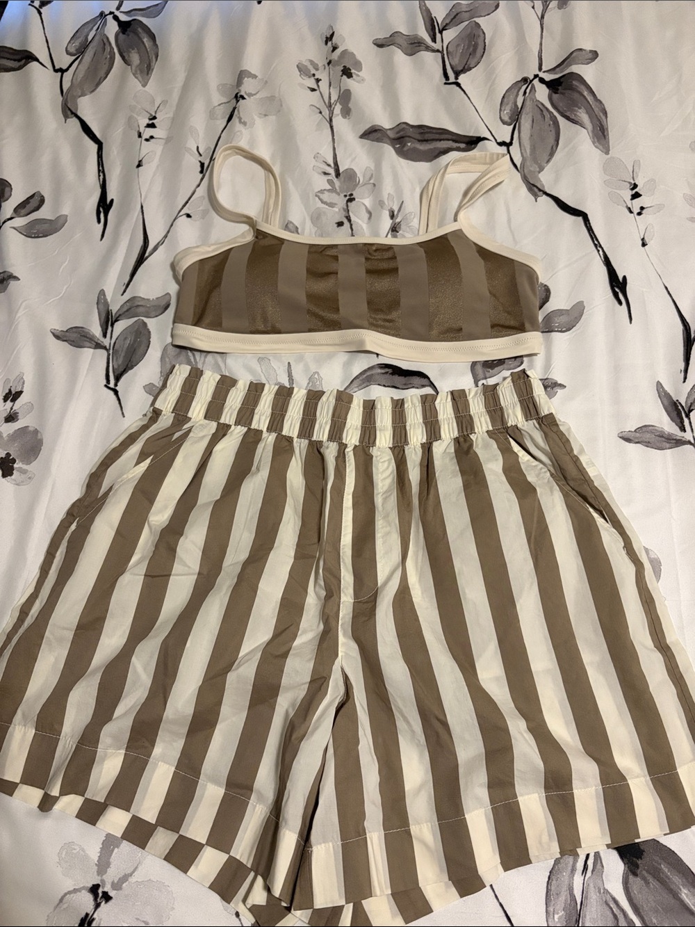 Striped Two-Piece Crop Top & Shorts Set with Shirt- Cream and Brown